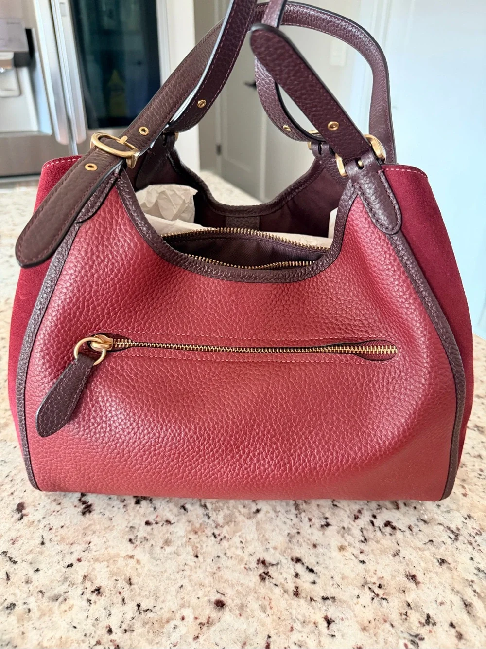 Coach Pebbled Leather Shoulder Bag in Burgundy with Dark Brown Trim
